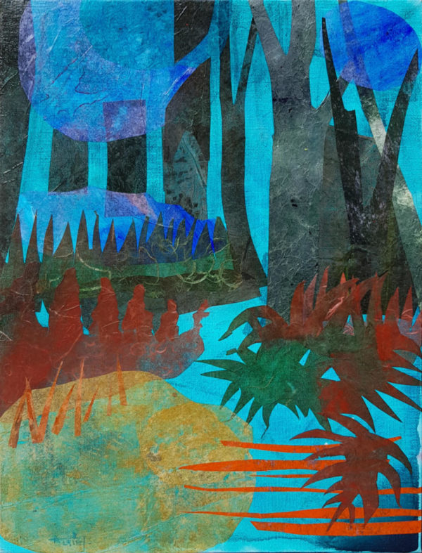 peinture, collage, forêt, bleu