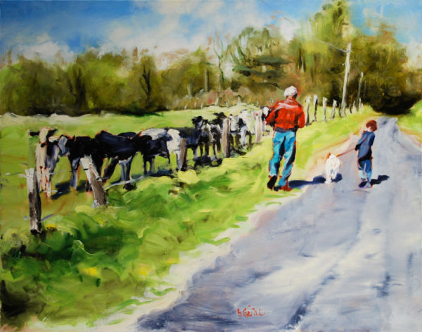 campagne, vache, enfant, peinture