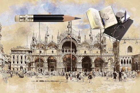 Carnets de voyage à Venise, croquis rapides aux crayons graphite