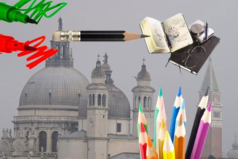 Carnets de voyage à Venise, dessiner avec différents outils