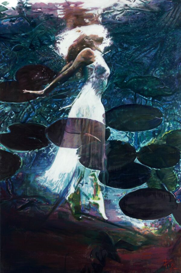 tableau représentant une femme en robe diaphane marchant sur le fond d'une rivière