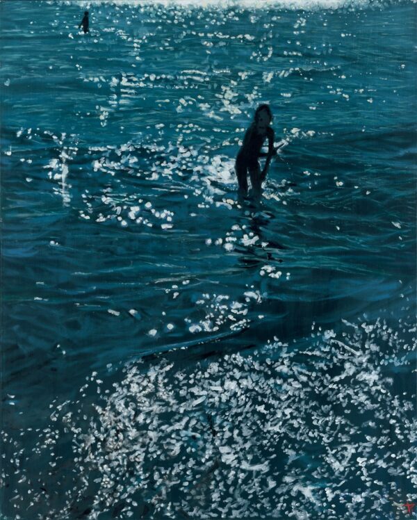 tableau représentant un bord de mer avec des silhouhettesSilhouettes d'enfants jouant dans les vagues