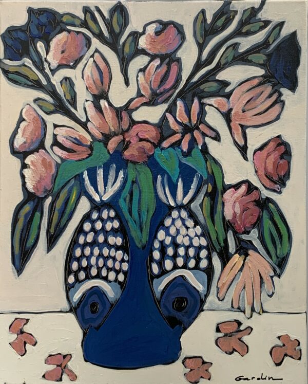 peinture, acrylique, poisson, fleurs, bouquet