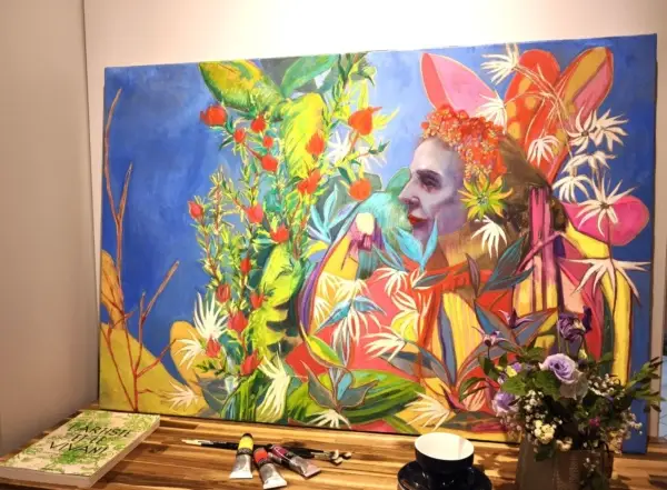 peinture, huile, fleurs, femme