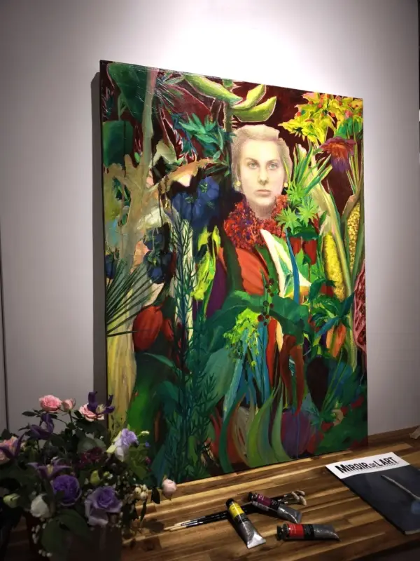 peinture, huile, visage de femme, plantes
