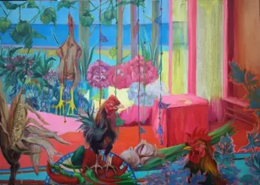 peinture, huile, coq, intérieur