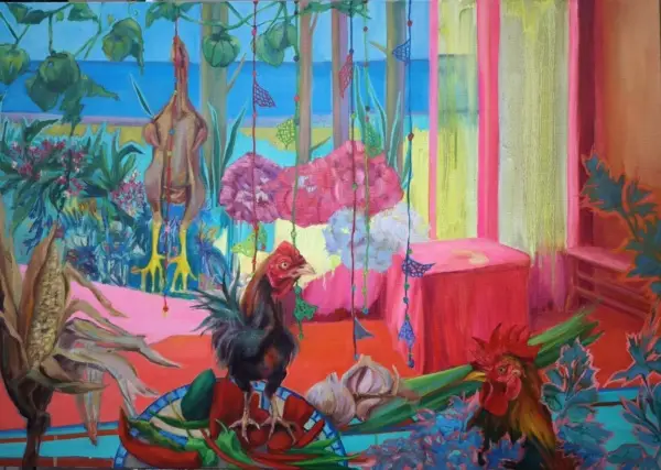 peinture, huile, coq, intérieur