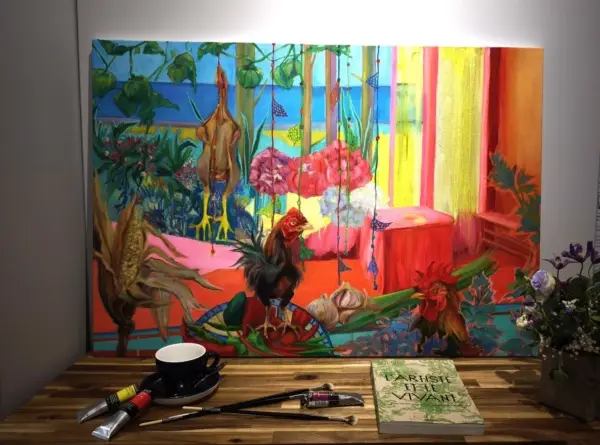 peinture, huile, coqs